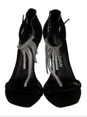 Stuart Weitzman Black Crystal Fringe T-Strap High Heel Sandals